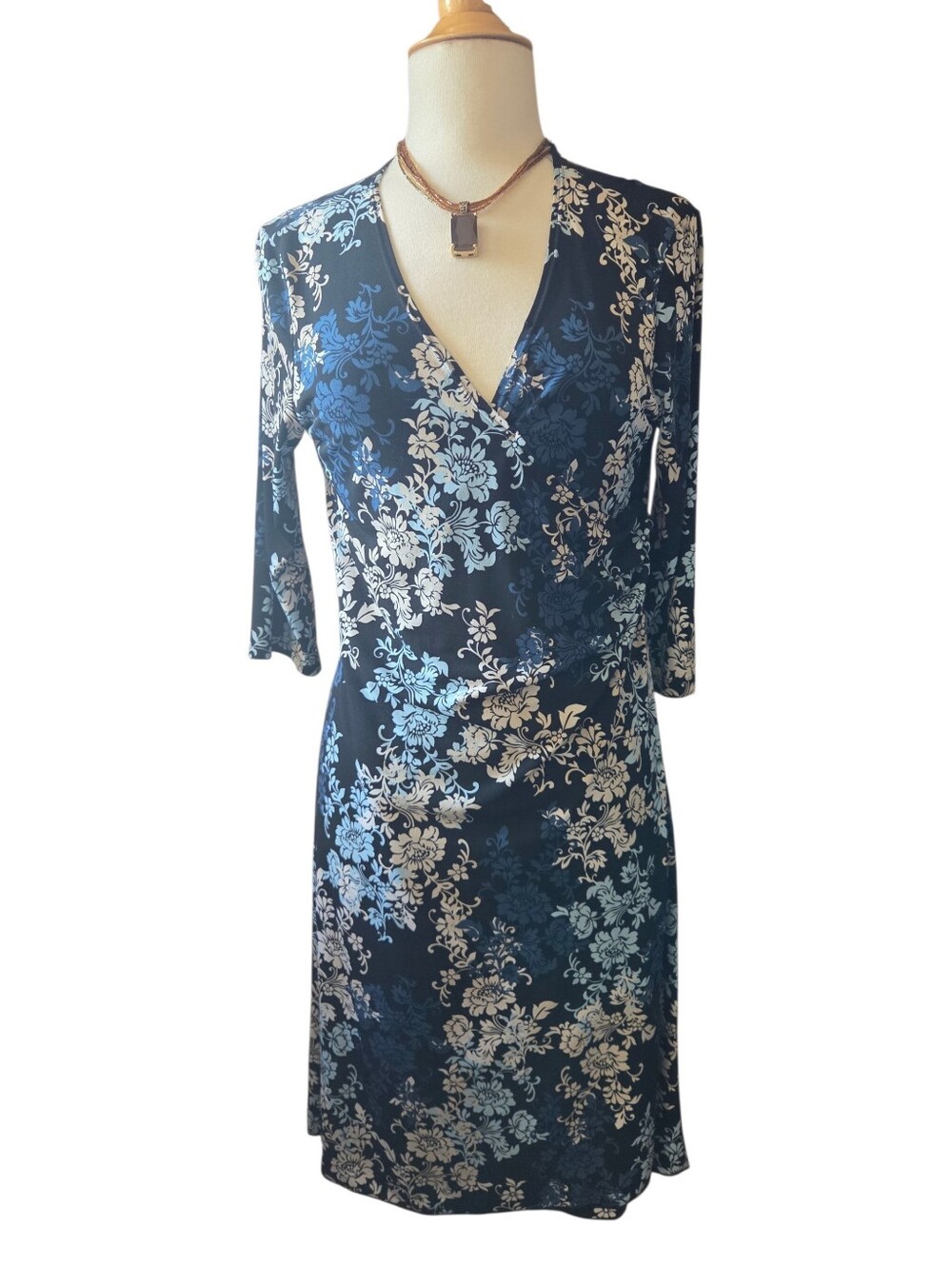 Suzie In The City Floral Wrap-Style Midi Dress in Muliy  Blue Floral Print